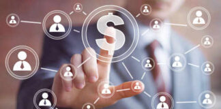 Businessman interacting with a digital financial network interface