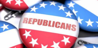 Close-up of Republican Party buttons with red, white, and blue colors