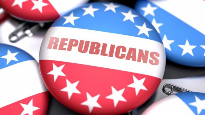 Close-up of Republican Party buttons with red, white, and blue colors