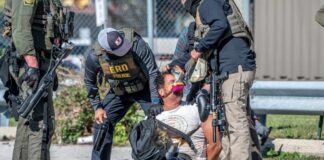 Law enforcement officers apprehending a suspect on the ground
