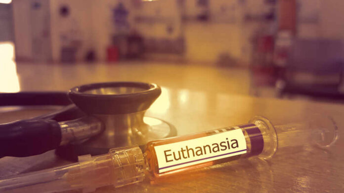 Syringe labeled 'Euthanasia' next to a stethoscope on a medical table