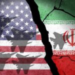 A cracked wall featuring the flags of the United States and Iran, with military aircraft silhouettes