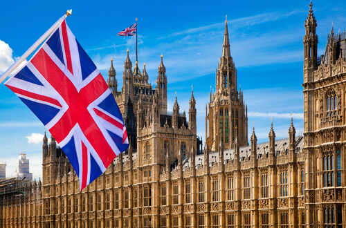 British flag waving in front of the Parliament building in London