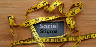 A measuring tape surrounding a sign that reads 'Social Stigma'
