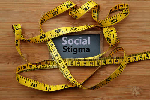 A measuring tape surrounding a sign that reads 'Social Stigma'