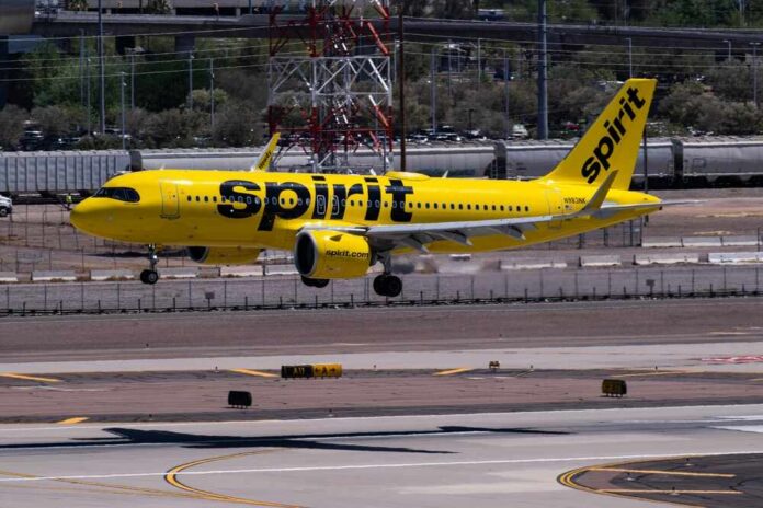 shutterstock_2467375619.jpg A yellow Spirit Airlines airplane landing on an airport runway