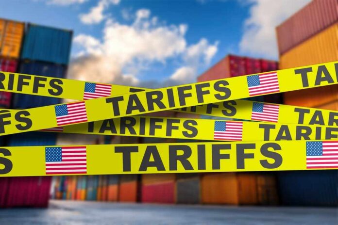 Scene,Of,Cargo,Containers,Wrapped,In,Us,Tariff,Tape,,Representing Yellow caution tape with the word 'TARIFFS' over a background of shipping containers