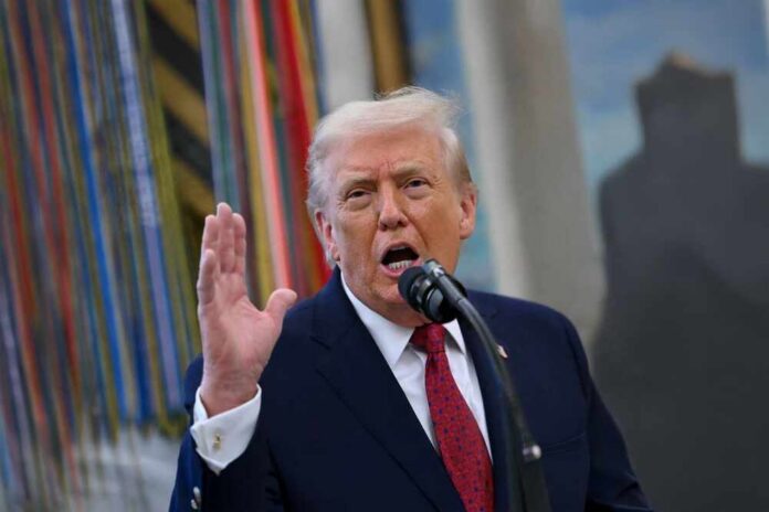 President,Donald,Trump,Speaks,During,Mexican,Border,Defense,Medal,Presentation A man speaking passionately into a microphone with his hand raised