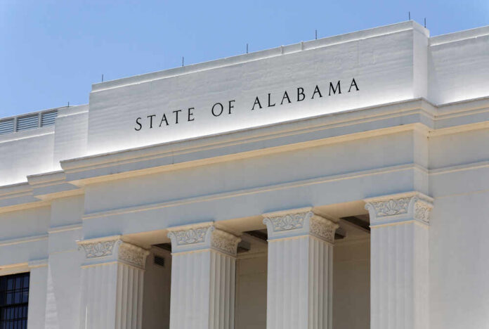 A,Government,Building,In,Montgomery,,The,Capital,City,Of,Alabama. State of Alabama building facade with tall white columns