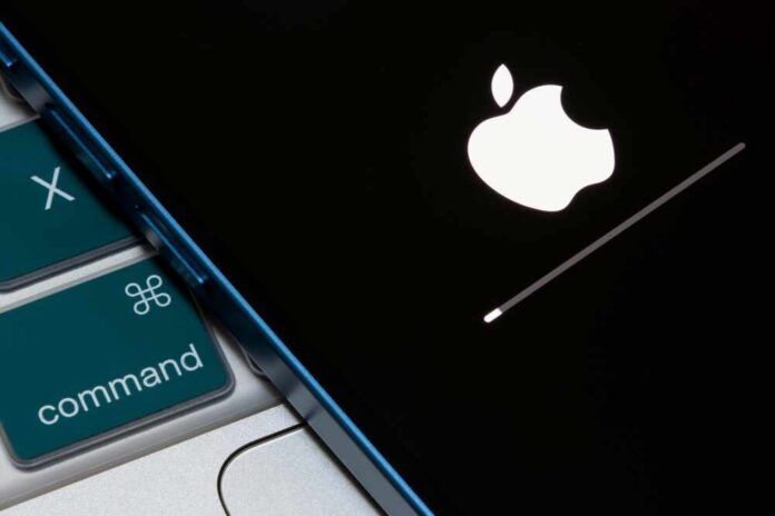 Apple logo displayed on a black screen with a loading bar