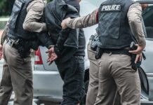 Police officers arresting a person beside a car