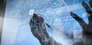 hands interacting with a digital AI interface